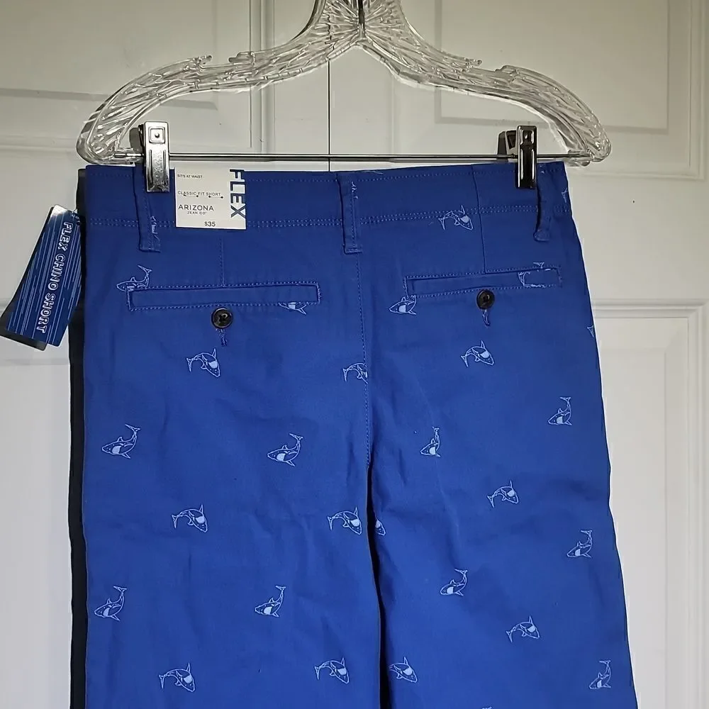 𝅺arizona Boy's Husky Stretch Blue Chino Shark Print Shorts